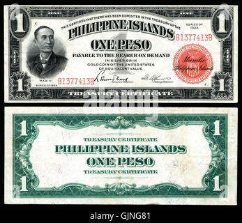 Dieses Zertifikat der philippinischen Inseln von 1924 enthält die Stückelung 1 Peso, die während der amerikanischen Besetzung der Philippinen als Währung diente. Es repräsentiert das historische Wirtschaftssystem der damaligen Zeit. Stockfoto