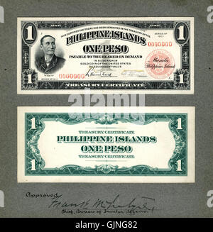 Ein Designnachweis für ein 1 Peso Treasury Certificate von den Philippinen, ausgestellt 1924. Das Dokument war Teil des Währungssystems des Landes während der amerikanischen Kolonialzeit. Stockfoto