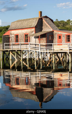 Dock bauen Reflexionen in Maine. Stockfoto