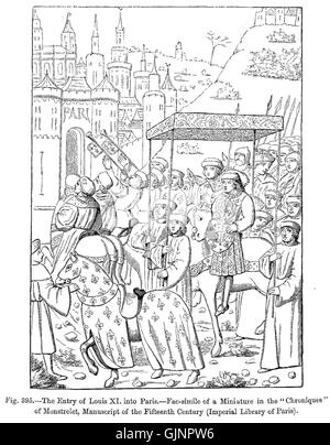 Eine Faksimile-Reproduktion einer Miniatur aus den Chroniken von Monstrelet, die den Eintritt Ludwigs XI. In Paris zeigt. Dieses Manuskript aus dem 15. Jahrhundert bietet eine visuelle Darstellung der französischen königlichen Geschichte. Stockfoto