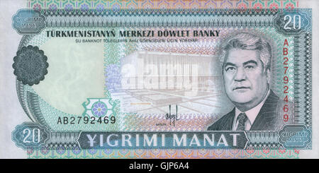 Die 1993 ausgegebene 20-Manat-Banknote aus Turkmenistan zeigt bedeutende nationale Symbole und Designs. Die Notiz spiegelt die Souveränität und Unabhängigkeit Turkmenistans nach der Auflösung der Sowjetunion wider und markiert damit eine neue Ära der Währung des Landes. Stockfoto