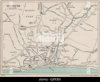 SIDMOUTH Vintage Stadt Plan. Devon. WARD LOCK, 1924 Vintage Karte Stockfoto