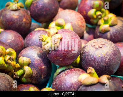 Lila Mangostanfrüchte zum Verkauf auf Granville Island Public Market in Vancouver, British Columbia, Kanada. Stockfoto