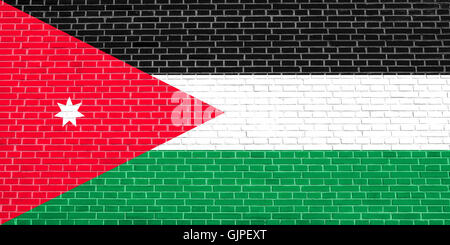 Flagge von Jordanien auf Ziegel Wand Textur Hintergrund. Jordanien-Nationalflagge. Stockfoto