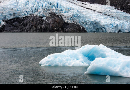 Eine gekalbt Eisbergs von Portage Glacier ist gegen den Gletscher gesehen. Stockfoto