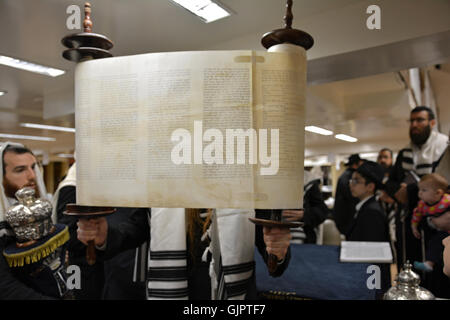 Eine Tora nach einer Lesung am Morgen Reiseleistungen in eine orthodoxe Synagoge in Brooklyn, New York ausgelöst wird. Stockfoto