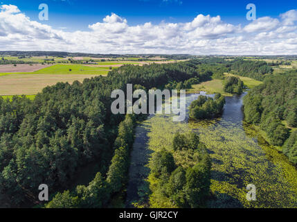 Black River Hancza in Turtul. Suwalszczyzna, Polen. Sommer Zeit. Grünen und weißen Wolken über blauen Himmel. Ausblick vom abo Stockfoto