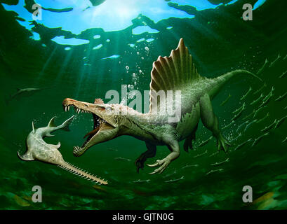 Spinosaurus Jagd ein Onchopristis Stockfoto