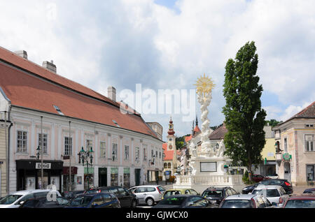 Mödling: Niedrigere Dreifaltigkeitssäule, im Hintergrund das Rathaus, Österreich, Niederösterreich, Österreich, Wienerwald, Wienerwald Stockfoto