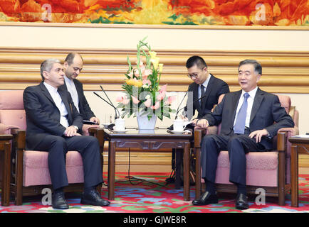 Peking, China. 17. August 2016. Chinese Vice Premier Wang Yang (R) trifft sich mit iranische Minister für Wirtschaft und Finanzen Ali Tayyebnia in Peking, Hauptstadt von China, 17. August 2016. Tayyebnia nahmen an der 16. Sitzung des gemeinsamen Wirtschaftsausschusses China und dem Iran in Peking am Dienstag und Mittwoch. © Yao Dawei/Xinhua/Alamy Live-Nachrichten Stockfoto