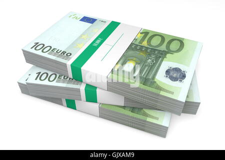 Drei Pakete von 100 Euro-Banknoten mit Bank-Wrapper Stockfoto