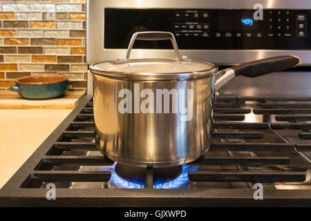 Close-up aus Edelstahl Topf auf Gas Herd kochen Element in der zeitgenössischen gehobene Küche zu Hause Innenraum Stockfoto