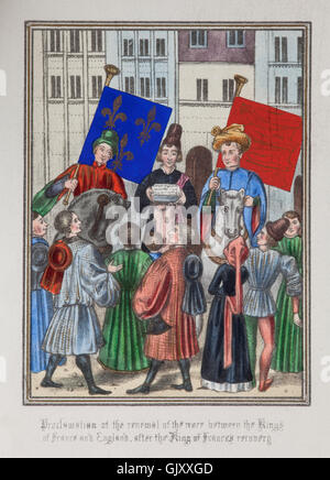 Die Verkündung eines Waffenstillstands zwischen Richard II. von England und Charles VI von Frankreich. Es war aufgrund der vorübergehenden Wahnsinn und Krankheit des Königs Charles III lange hinausgezögert. Stockfoto