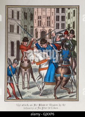 Der Angriff von den Anhängern des Sir Peter de Craon auf Sir Oliver de Clisson(1336 – 1407), den Spitznamen "The Butcher".  Er war ein bretonischer Soldat, der Sohn von Olivier IV de Clisson, die zum Tod im Jahre 1343 auf den Verdacht der haben die Engländer bis Nantes geben wollte gesetzt wurde. Stockfoto