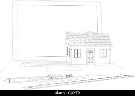Skizze des Hauses, Laptop und Ingenieur-Tools. Vektor-illustration Stock Vektor