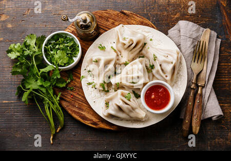 Georgische Knödel Khinkali mit Fleisch, Greens und Tomate, pikanter Sauce Satsebeli auf weißen Teller Stockfoto