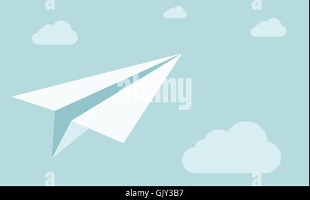 Papierflugzeug am Himmel mit Wolken. Stock Vektor