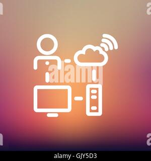 Männlicher Büroangestellter mit Computersymbol Set und Wifi-dünne Linie Stock Vektor