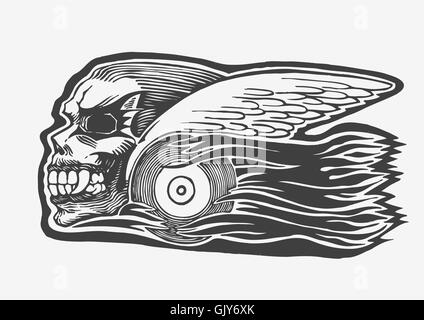 verrückte Totenkopf mit Flügeln und Rad und züngelnden Flammen Stock Vektor