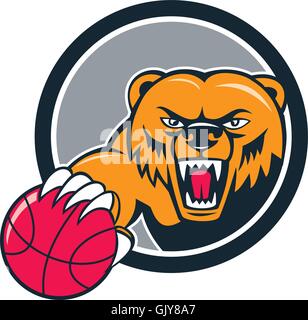 Grizzly Bären wütend Kopf Basketball Cartoon Stock Vektor