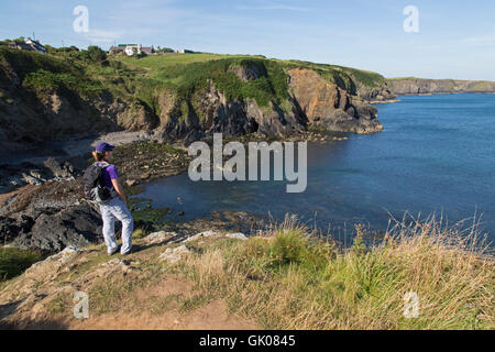 Eine einsame weibliche Wanderer auf den Pembrokeshire Coast Path im Südwesten von Wales. Stockfoto