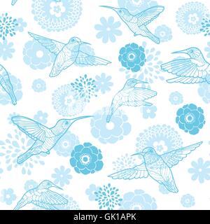 Vektor blaue Kolibris und Blumen Lineart Musterdesign ba Stock Vektor