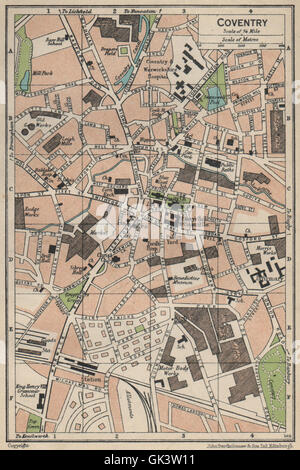 COVENTRY. Karte Stadtplan Vintage Stadt. Warwickshire, 1939 Stockfoto