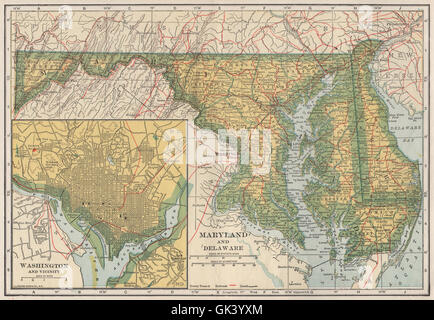 Maryland, Delaware & Washington DC Zustand Karte mit Eisenbahnen. POATES, 1925 Stockfoto