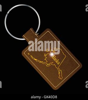 Eine braune Leder Schlüsselanhänger und Ring mit den USA Bundesstaat Alaska Karte Umriss Stock Vektor