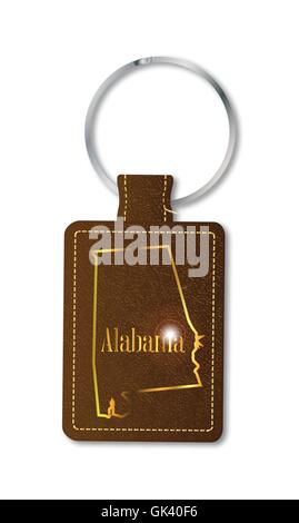 Eine braune Leder Schlüsselanhänger und Ring über einen weißen Hintergrund mit dem Text Alabama Stock Vektor