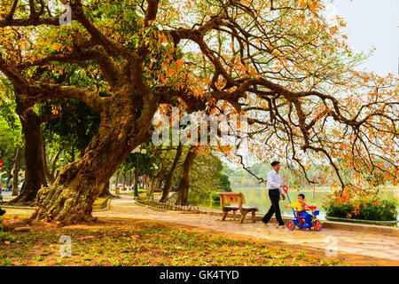 Hanoi, Vietnam - 1. März 2013: der junge und sein Opa spazieren am Hoan Kiem Lake Stockfoto