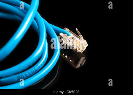 Blau Computer Ethernet-Kabel isoliert auf schwarzem Hintergrund, Nahaufnahme Stockfoto