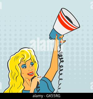 Pop-Art-Mädchen mit einem Megaphon Stock Vektor