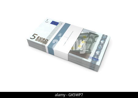 Paket 5 Euro-Scheine mit Bank-Wrapper Stockfoto