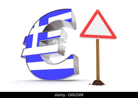 Euro mit dreieckigen Warnschild - griechische Flagge Textur Stockfoto