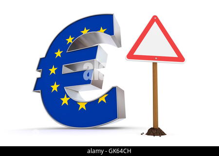 Euro mit dreieckigen Warnschild - Europäische Union Flag Textur Stockfoto