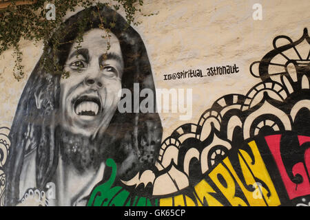 Wandbild von Bob Marley auf eine Wand in Sayulita, Riviera Nayarit, Mexiko gemalt. Stockfoto