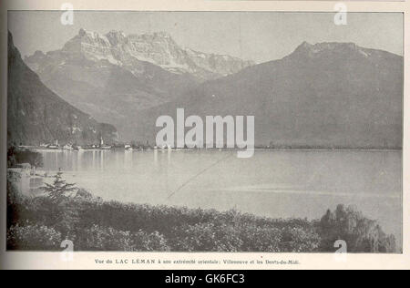 Dieser Blick aus dem 19. Jahrhundert auf den Genfer See (Lac Léman) von seiner Ostspitze aus fängt die Stadt Villeneuve und die Dents-du-Midi-Gebirgskette in der Schweiz ein. Das Gemälde unterstreicht die landschaftliche Schönheit der natürlichen Landschaften der Region. Stockfoto
