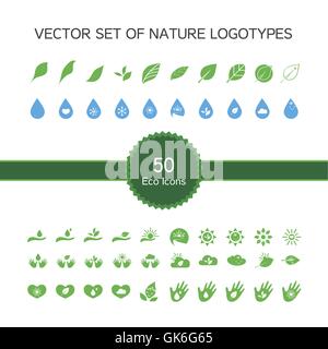 Vektor-Satz von 50 Ökologie Icons, Natur-Logo, Biologie-Symbole aus Blättern, Hand, Sonne, Schnee, Tropfen Stock Vektor