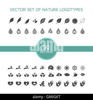 Vektor-Satz von 50 Ökologie Icons, Natur-Logo, Biologie-Symbole aus Blättern, Hand, Sonne, Schnee, Tropfen Stock Vektor