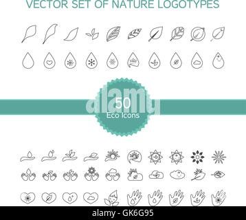 Vektor-Satz von 50 Ökologie Icons, Natur-Logo, Biologie-Symbole aus Blättern, Hand, Sonne, Schnee, Tropfen Stock Vektor