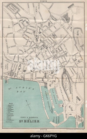 Antike Stadt ST. HELIER & Hafen planen. Jersey. Kanalinseln, 1913-Karte Stockfoto