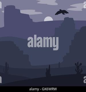Nacht Retro Wild West Wüste. Vintage Mond in der Prärie mit Kakteen und Adler in Himmel. Grunge alte Textur. Naturlandschaft für pri Stock Vektor