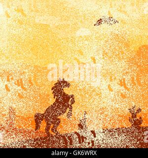 Retro-Wildwest galoppierenden Pferd in der Wüste. Vintage Sonnenuntergang in der Prärie mit Mustang, Kakteen und Adler in Himmel. Grunge alte Textur. N Stock Vektor