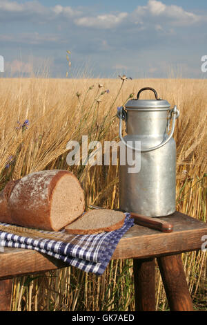 Picknick an der Seitenlinie mit Brot und Milch Stockfoto