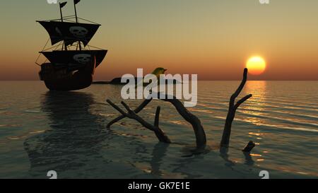 Piraten-Schiff auf hoher See Stockfoto