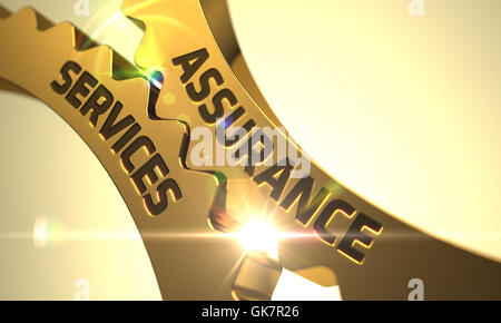 Assurance Services-Konzept. Golden metallische Zahnrad Zahnräder. Stockfoto