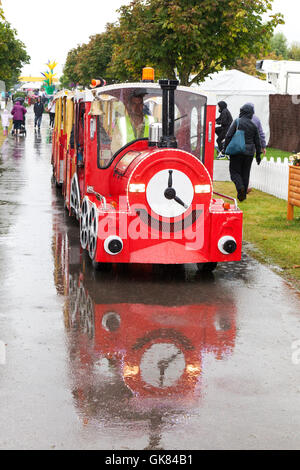 Southport Flower Show, Merseyside, England. 19. August 2016: Starkregen konnte nicht dämpfen die Geister von den Besuchern der diesjährigen Southport Flower Show.  Regenschirme und Gummistiefel waren die Top-Mode-Tipp des Tages. Die größte unabhängige Flower Show in England, erwartet Tausende von Besuchern über die viertägige Veranstaltung.  Zeigen sie Vorsitzende und Treuhänder David Rose beschäftigt Kehrmaschinen & Clowns, die Pfade zu halten löschen Pfützen, so dass die eleganten Damen ihre Füße trocken halten können. Bildnachweis: MediaWorld Bilder/Alamy Live-Nachrichten Stockfoto