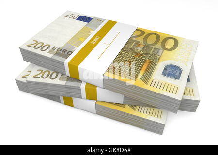 Drei Pakete von 200 Euro-Banknoten mit Bank-Wrapper Stockfoto