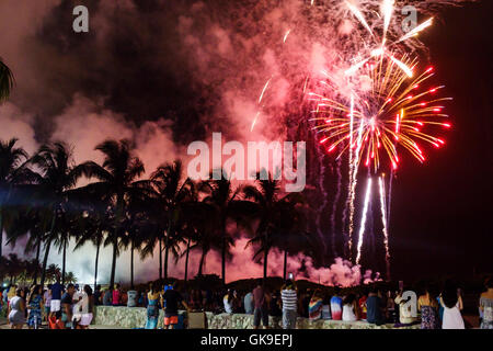 Miami Beach, Florida, South Beach, Lummus Park, 4. Juli, Unabhängigkeitstag, Feuerwerk an Feiertagen, Kokospalmen, Rauch, patriotisches jährliches FL1